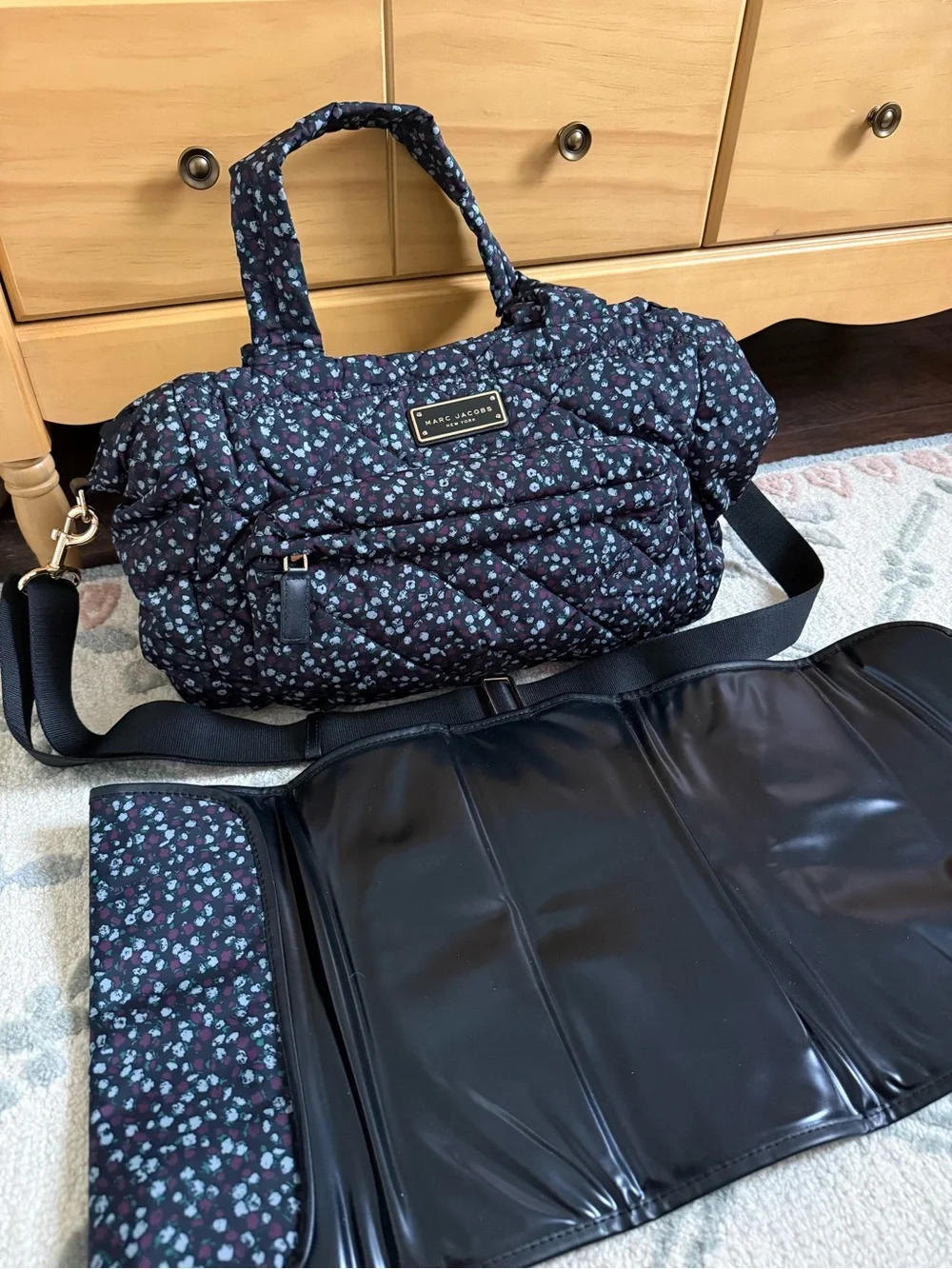 Marc Jacobs Black Quilted Floral diaper bag with Matching changing pad